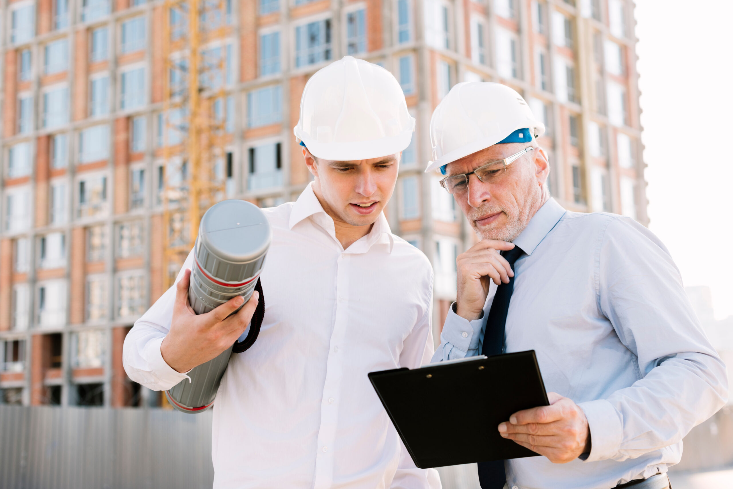 Two construction workers looking at a document on a clipboard