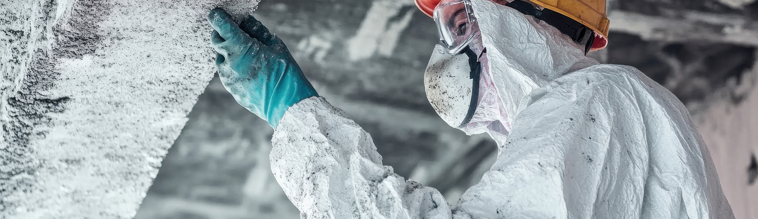 A well equipped worker inspecting asbestos on the ceiling