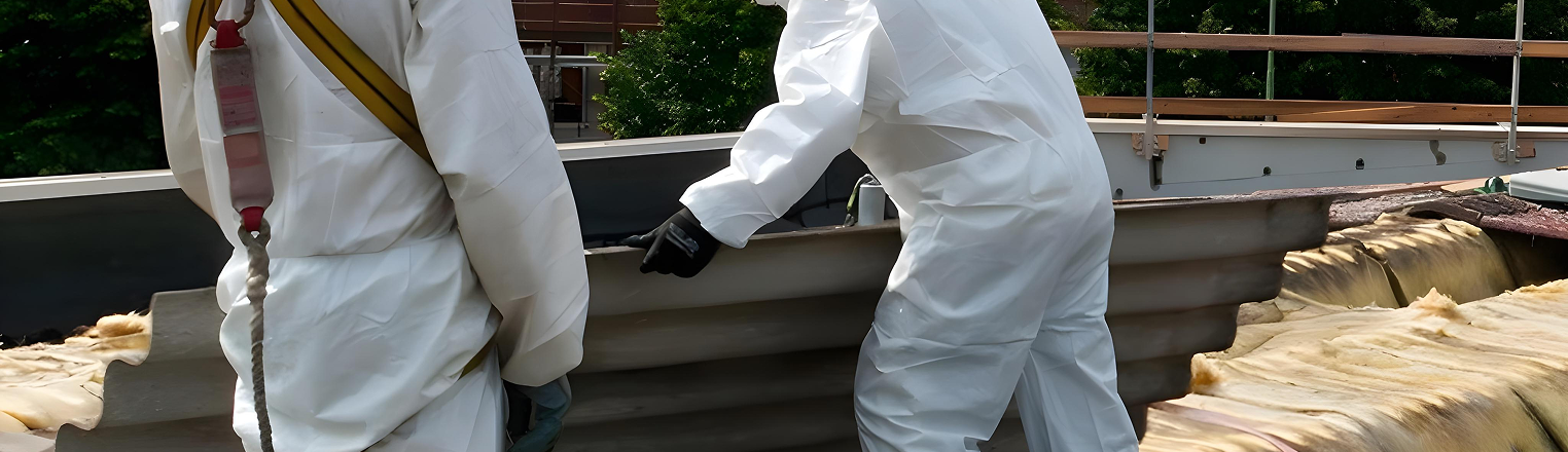 A worker in a safety suit performing removal and remediation of asbestos on a roof