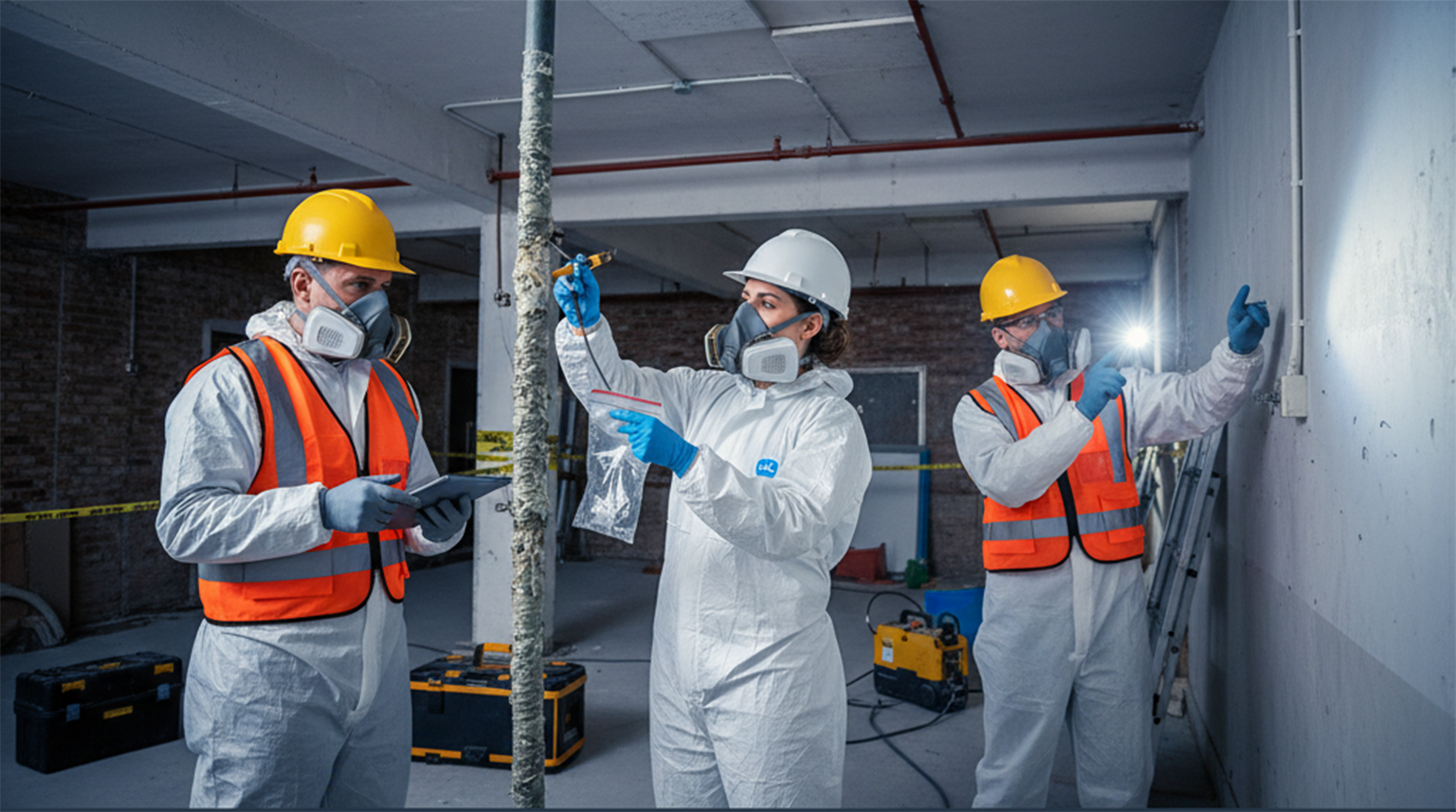 2 male worker and 1 female worker in proper safety attire inspecting a room for asbestos and taking samples