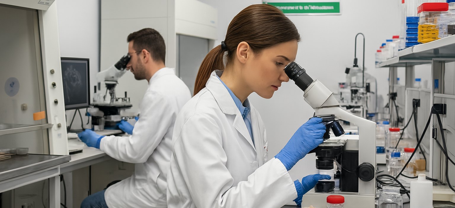 1 female scientist and 1 male scientist looking into a microscope in a lab