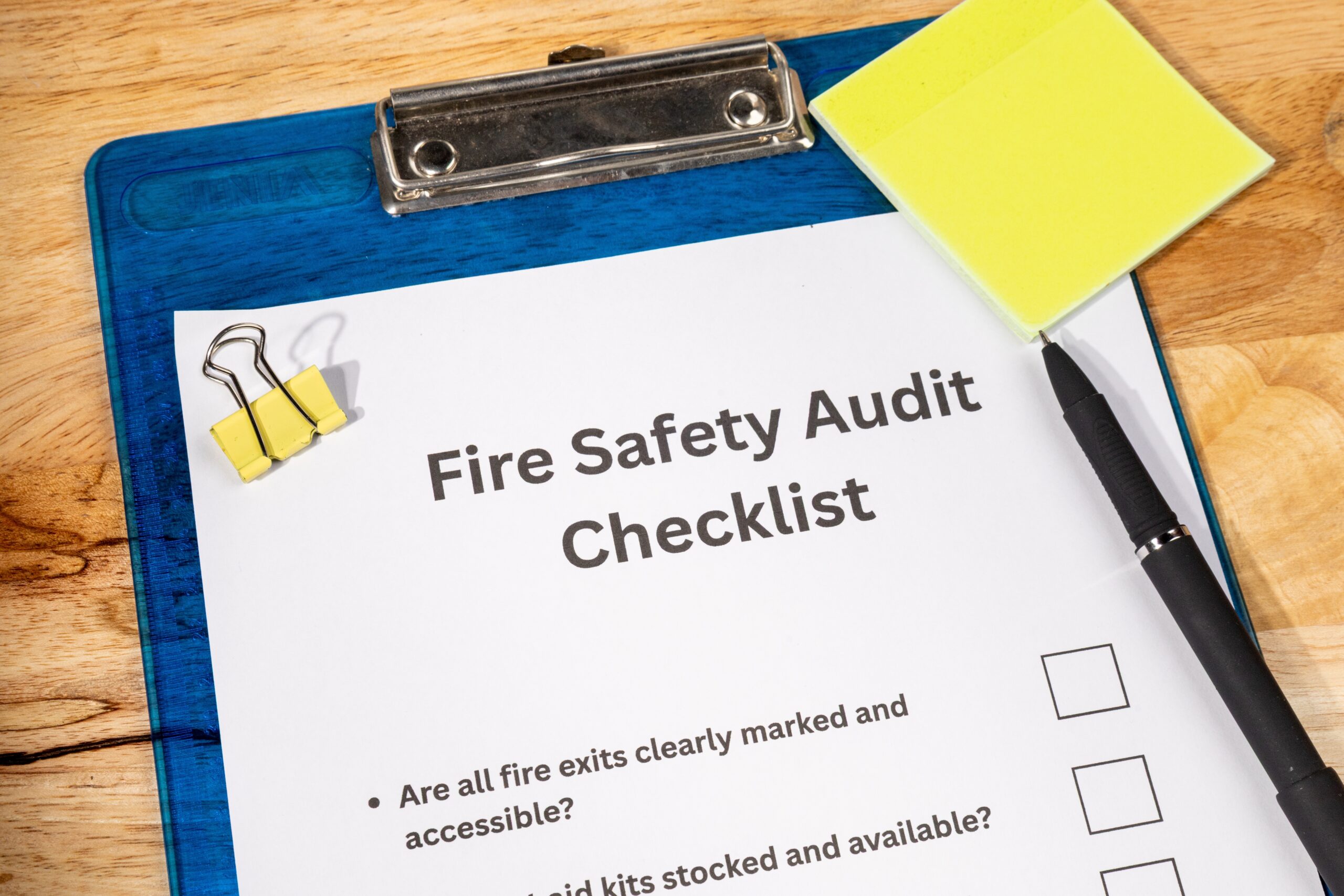 A Fire Safety Audit Checklist on a clipboard with sticky notes, pen and a paperclip on it