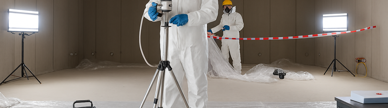 Wide view of a professional asbestos air testing enclosure with technicians in full white hazmat suits using tripods, specialized air pumps, and high-intensity work lights behind safety tape.