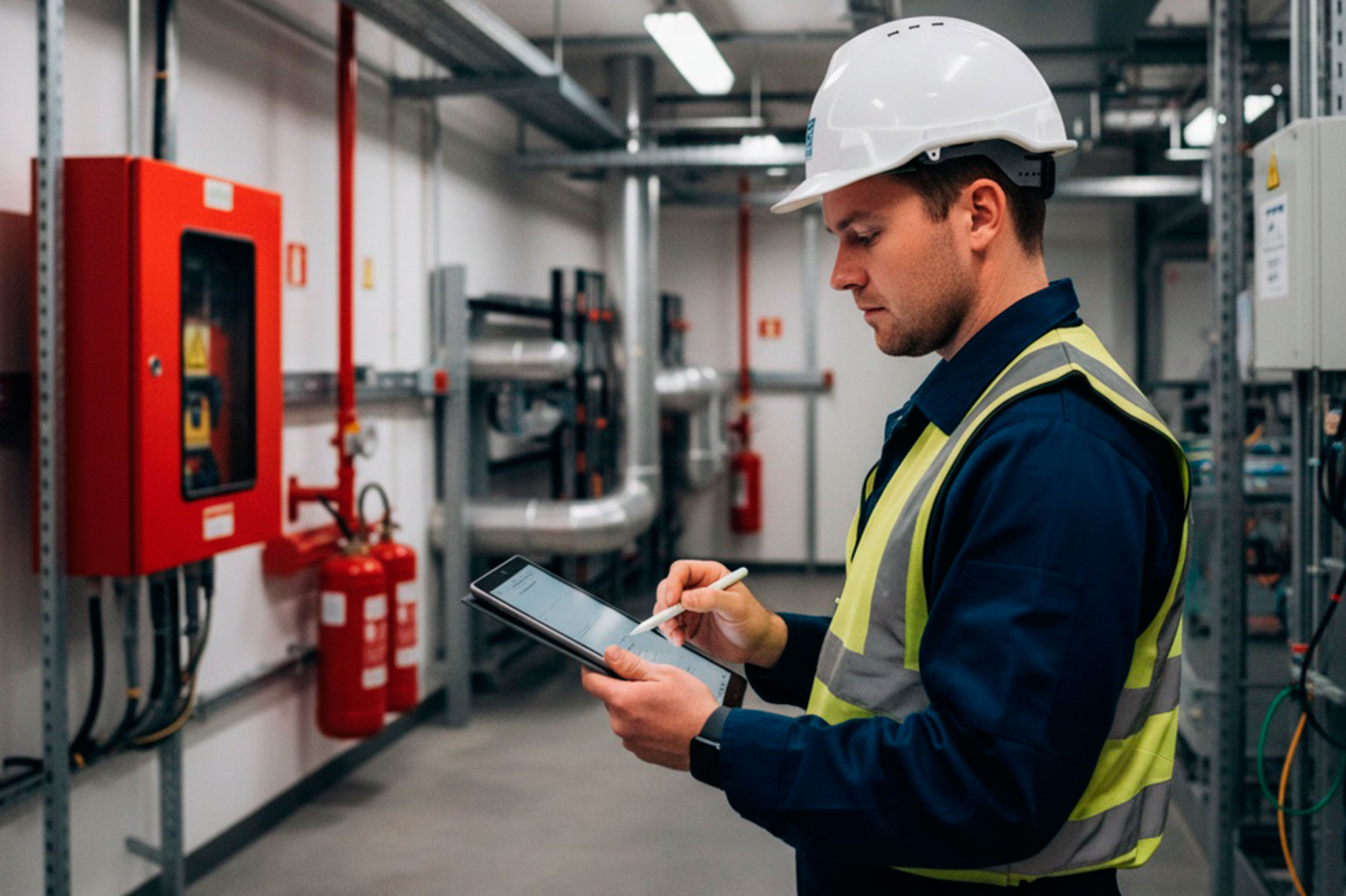 A safety professional in a white hard hat and yellow high-visibility vest using a tablet and stylus to conduct a fire safety inspection next to red fire extinguishers and a control panel.